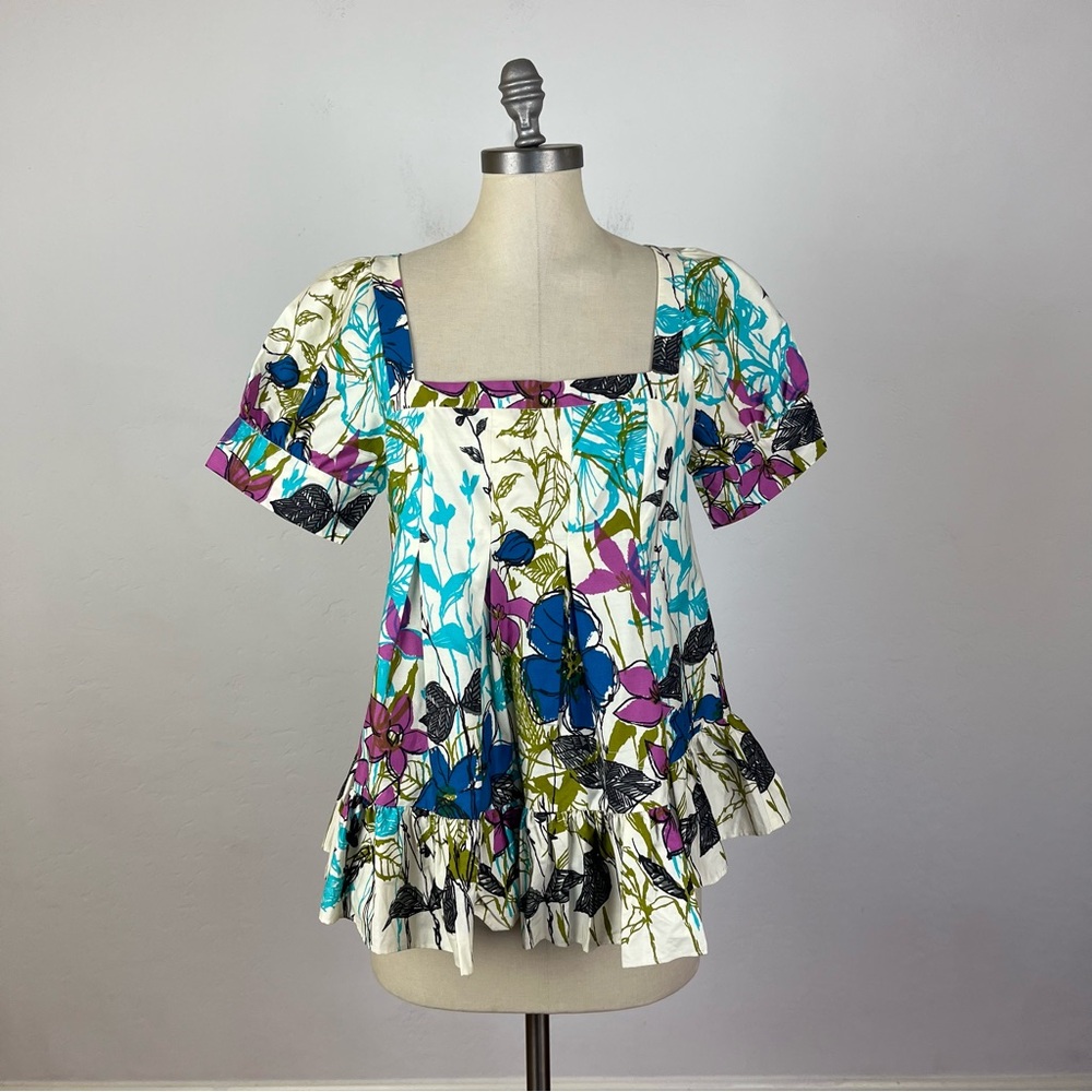 Anthropologie Floral Puff Sleeve Top - Blue, Purple, Green